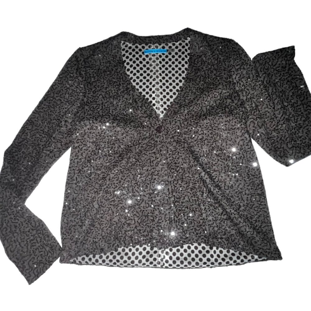 Alice + Olivia Sequined Brown Sweater Top Silk Lined Polka Dot Button Down Blous